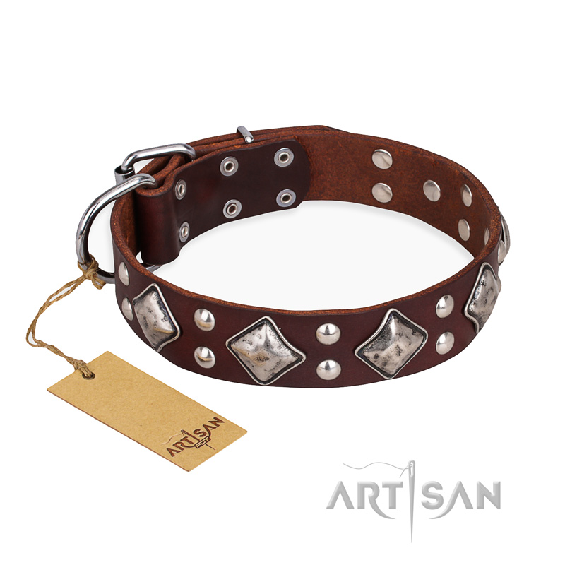 "King of Grace" FDT Artisan Stylish Leather Mastiff Collar with Old Silver-Like Plated Decorations - Click Image to Close