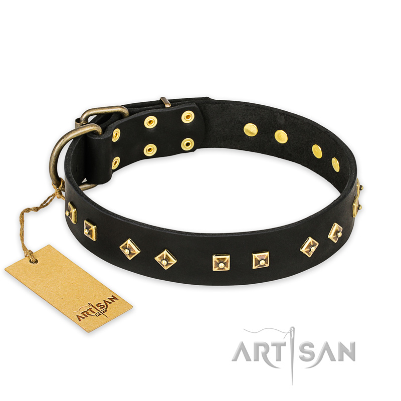 "Rhomb Style" FDT Artisan Decorated Leather Mastiff Collar with Old Bronze-Plated Studs 1 1/2 inch (40 mm) Wide