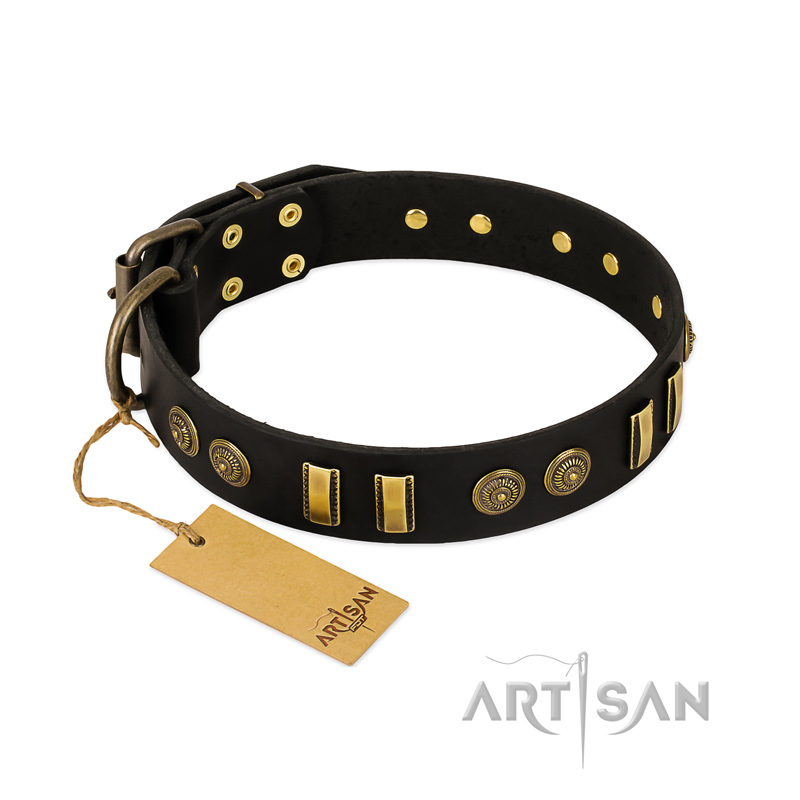 "Simple Elegance" FDT Artisan Black Leather Mastiff Collar with Old Bronze-like Plates and Circles - Click Image to Close