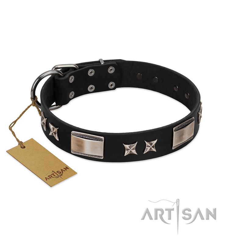 "Pitch Dark" FDT Artisan Black Leather Mastiff Collar with Stars and Plates - Click Image to Close