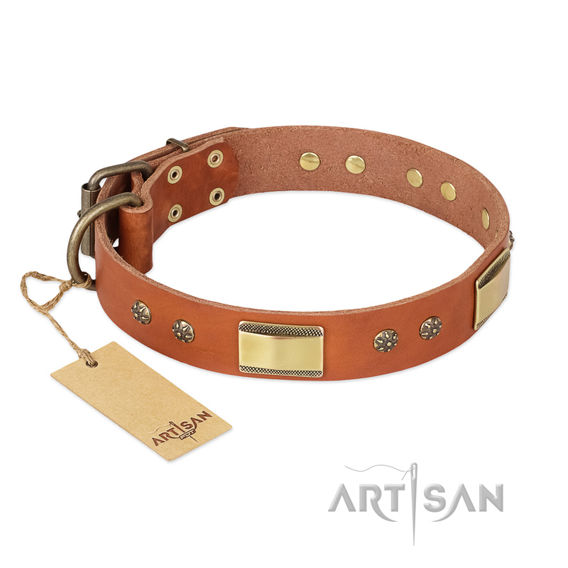 "Enchanting Spectacle" FDT Artisan Tan Leather Mastiff Collar with Old Bronze Look Plates and Round Studs - Click Image to Close