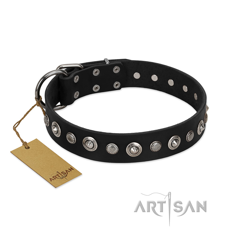 "Genteel Charm" FDT Artisan Black Leather Mastiff Collar with Silver-like Round Conchos