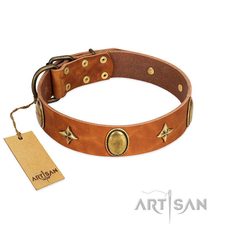 "Space Warrior" FDT Artisan Tan Leather Mastiff Collar with Ovals and Stars