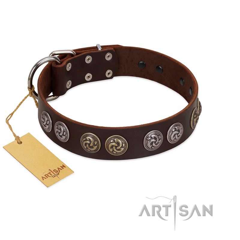 "Treasure Hunter" FDT Artisan Brown Leather Mastiff Collar with Old-Bronze-like and Silvery Medallions - Click Image to Close