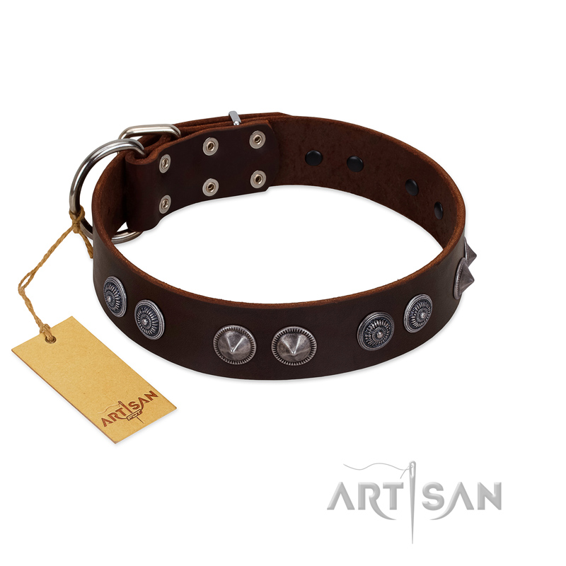 "King Arthur" FDT Artisan Brown Leather Mastiff Collar with Spiky Plates - Click Image to Close