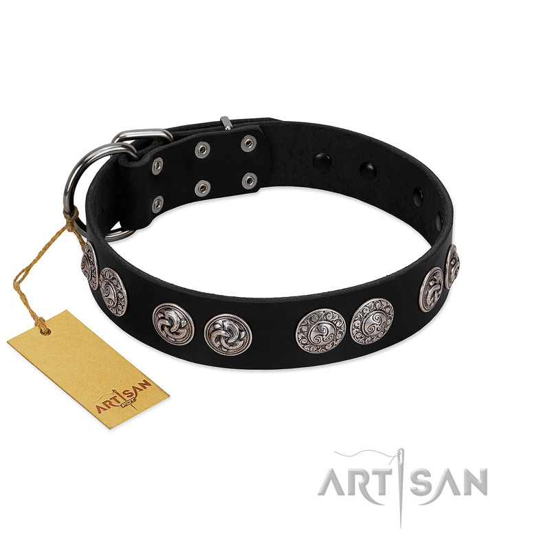 "Magic Amulete" Handcrafted FDT Artisan Black Leather Mastiff Collar with Chrome-Plated Shields