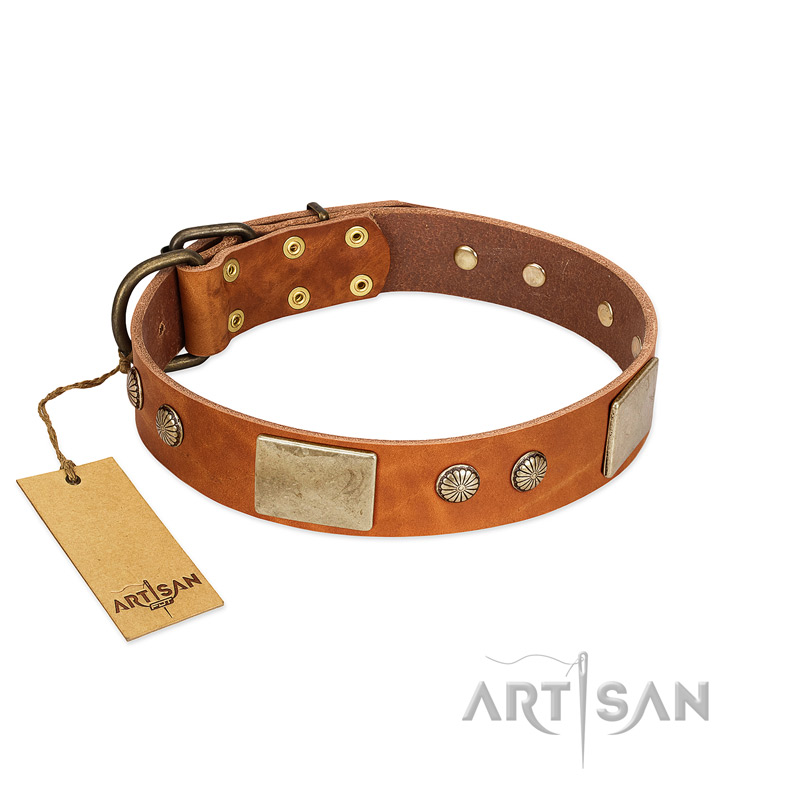 "Ancient Treasures" FDT Artisan Tan Leather Mastiff Collar with Antiqued Plates and Studs - Click Image to Close