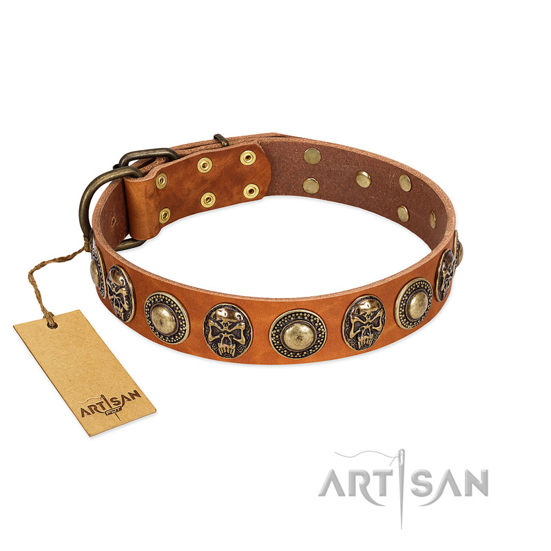 "Golden Epoch" FDT Artisan Tan Leather Mastiff Collar with Old Bronze-plated Medallions and Conchos - Click Image to Close