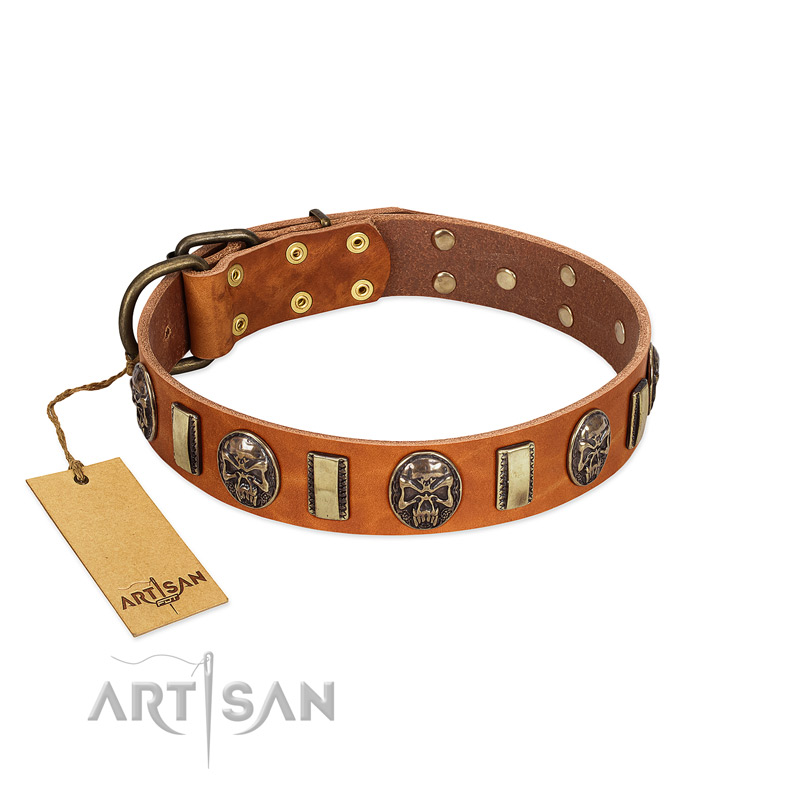 "Strike of Rock" FDT Artisan Tan Leather Mastiff Collar with Plates and Medallions with Skulls