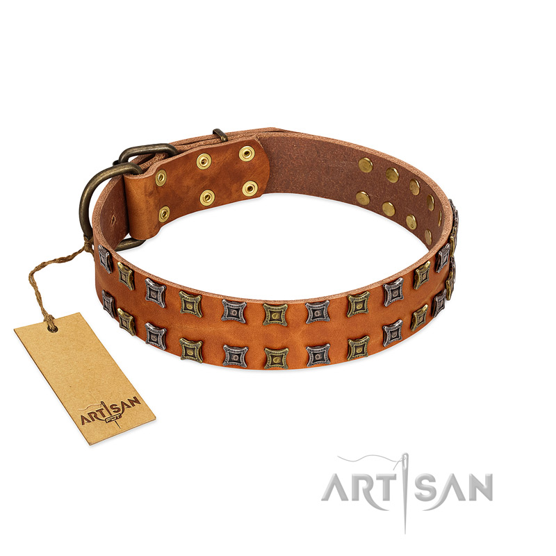 "Terra-cotta" FDT Artisan Tan Leather Mastiff Collar with Two Rows of Studs