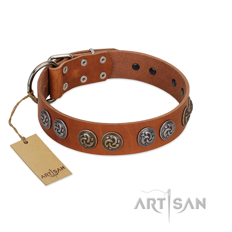 "Luxurious Life" Premium Quality FDT Artisan Tan Leather Mastiff Collar with Round Adornments