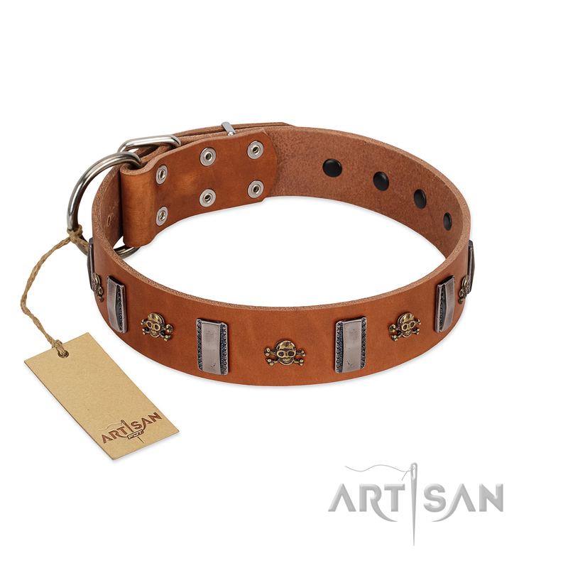 "Golden Crossbones" Handmade FDT Artisan Tan Leather Mastiff Collar with Plates and Skulls