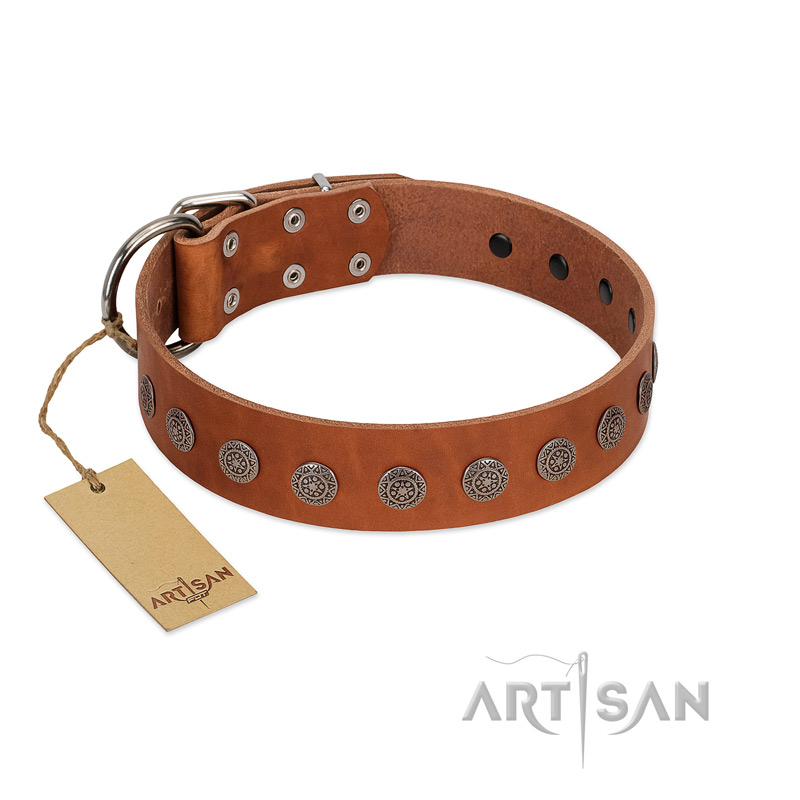 "Lucky Star" Handmade FDT Artisan Designer Tan Leather Mastiff Collar with Round Plates