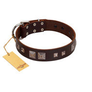 "Object of Virtu" FDT Artisan Brown Leather Mastiff Collar with Old Silver-like Square Studs and Pyramids