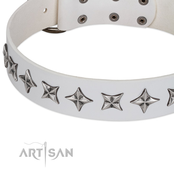 Comfortable wearing embellished dog collar of durable genuine leather