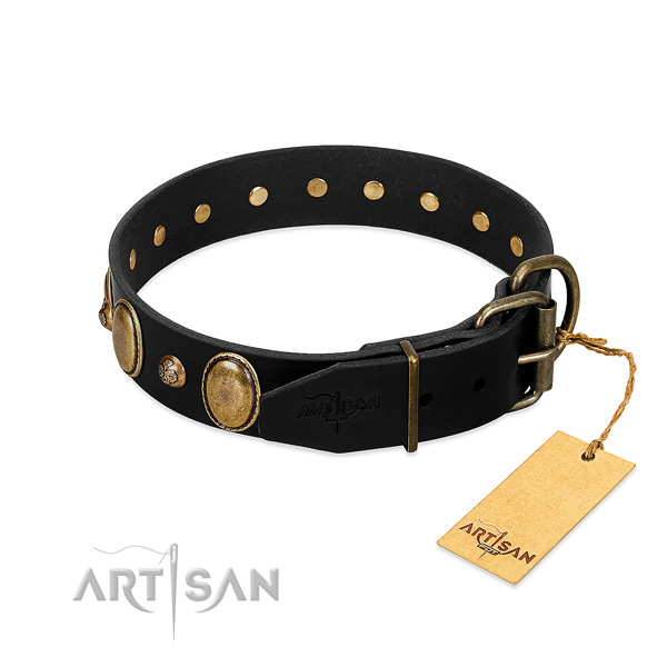 Rust resistant D-ring on full grain genuine leather collar for stylish walking your doggie