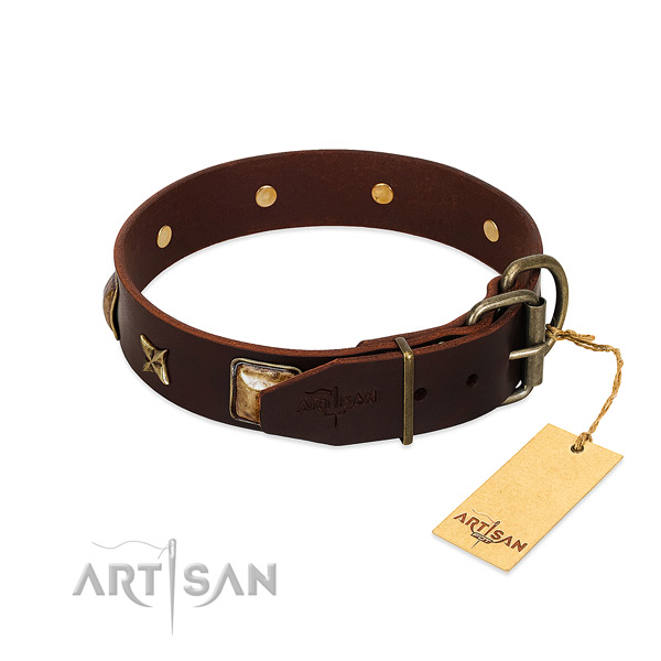 Leather dog collar with corrosion resistant fittings and adornments