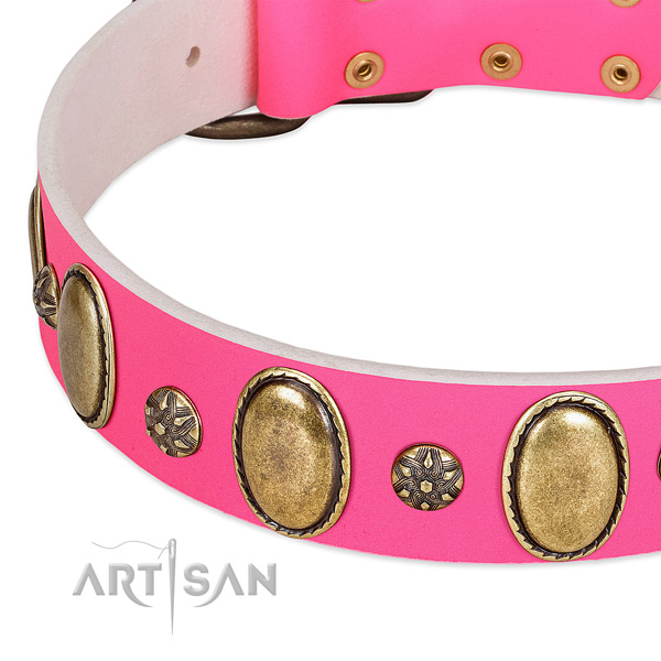 Stylish walking high quality full grain genuine leather dog collar with decorations