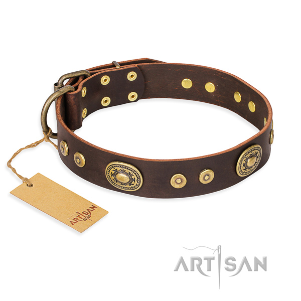 Full grain genuine leather dog collar made of soft material with reliable hardware