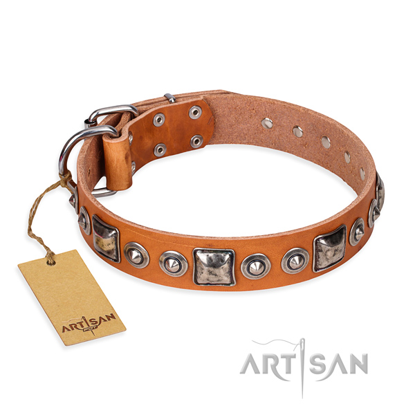 Full grain natural leather dog collar made of flexible material with corrosion resistant D-ring