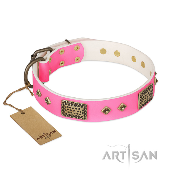 Adjustable full grain natural leather dog collar for walking your doggie