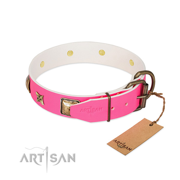 Rust resistant D-ring on natural genuine leather collar for basic training your canine
