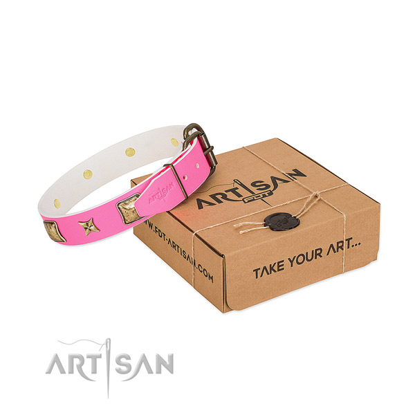 Corrosion resistant traditional buckle on genuine leather dog collar for daily walking