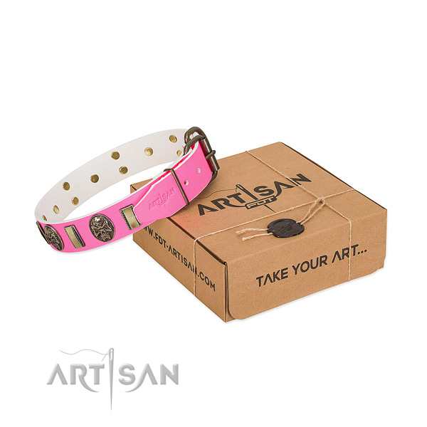 Corrosion resistant embellishments on full grain leather dog collar for your dog