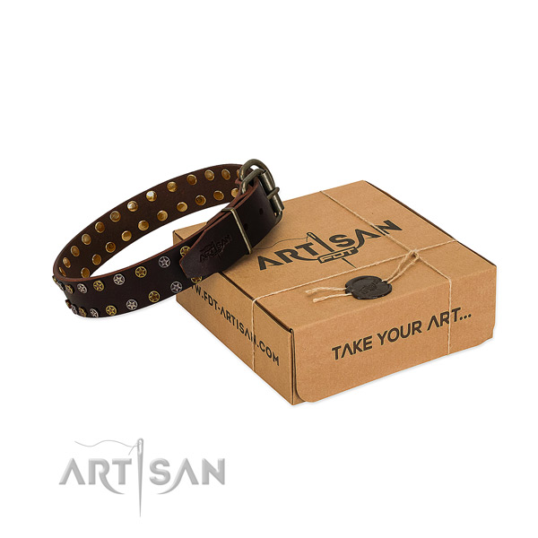 Easy wearing soft full grain genuine leather dog collar with embellishments