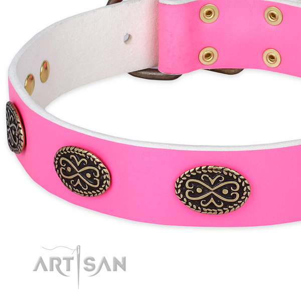 Full grain natural leather dog collar with decorations for comfortable wearing