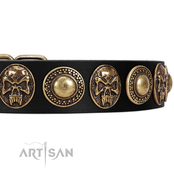 Genuine leather dog collar with adornments for easy wearing