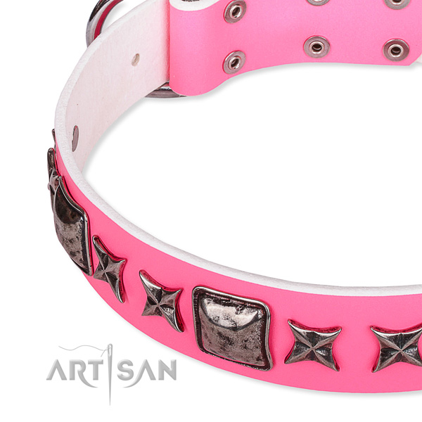 Stylish walking adorned dog collar of strong full grain genuine leather