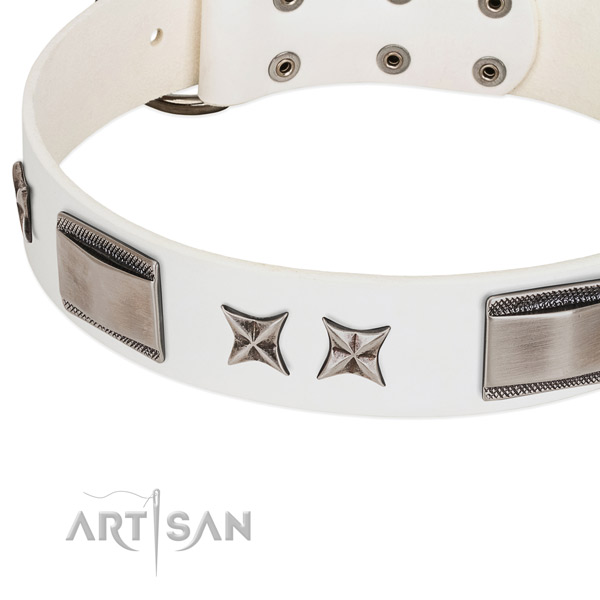 Top rate leather dog collar with corrosion resistant traditional buckle