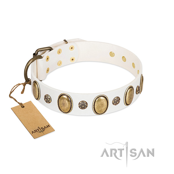 Handy use top notch full grain genuine leather dog collar with decorations