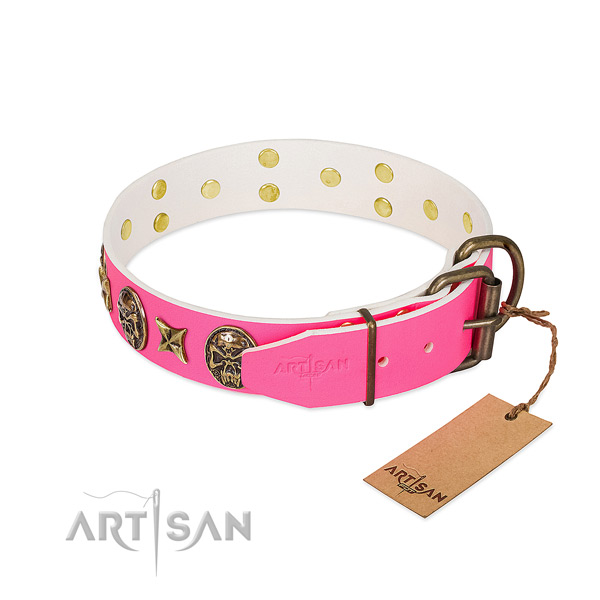 Rust resistant hardware on full grain natural leather collar for fancy walking your doggie