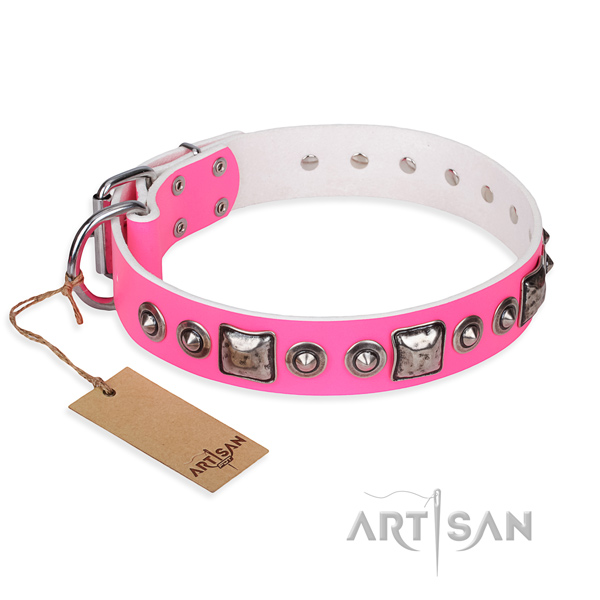 Natural genuine leather dog collar made of flexible material with rust resistant D-ring