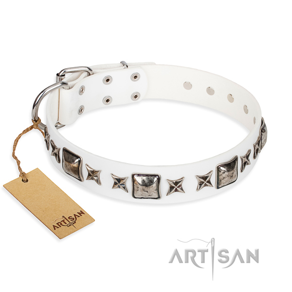 Leather dog collar made of gentle to touch material with reliable traditional buckle