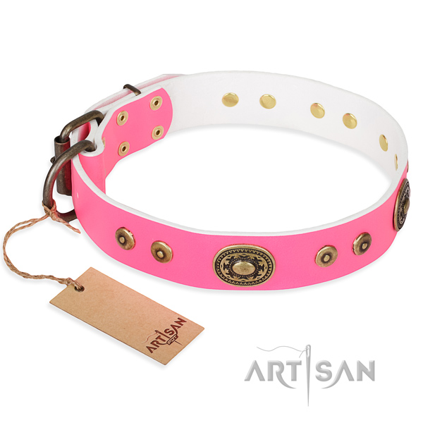 Full grain natural leather dog collar made of gentle to touch material with durable hardware