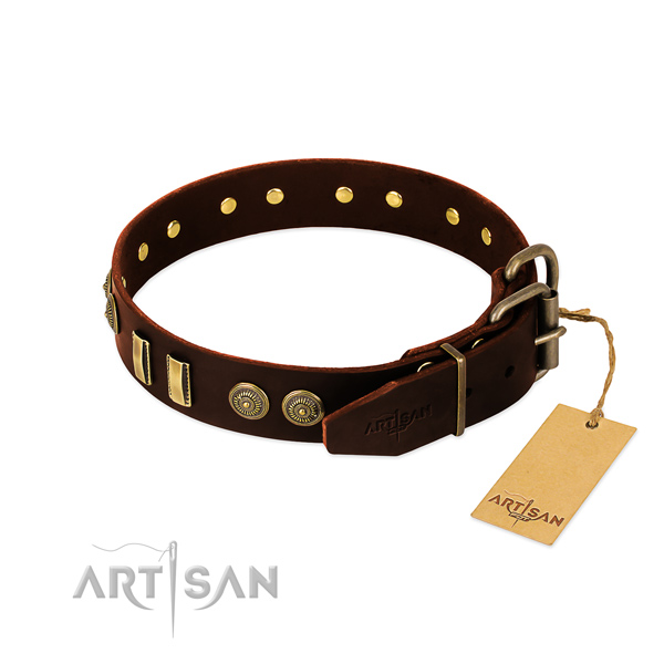 Corrosion proof buckle on natural leather dog collar for your doggie