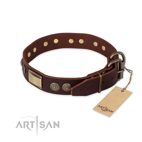 Durable hardware on genuine leather collar for daily walking your four-legged friend