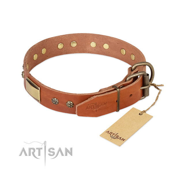 Natural genuine leather dog collar with reliable traditional buckle and decorations