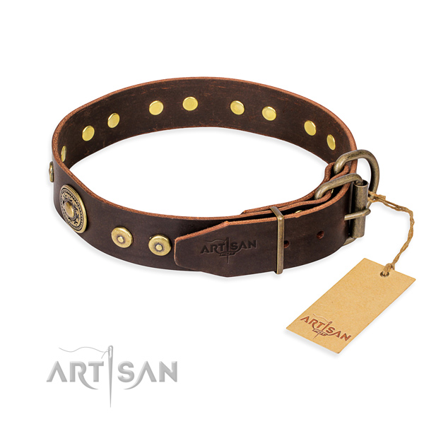 Full grain natural leather dog collar made of top rate material with strong decorations