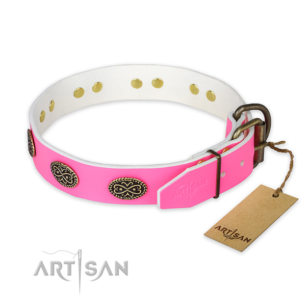 Everyday use full grain natural leather collar with decorations for your doggie
