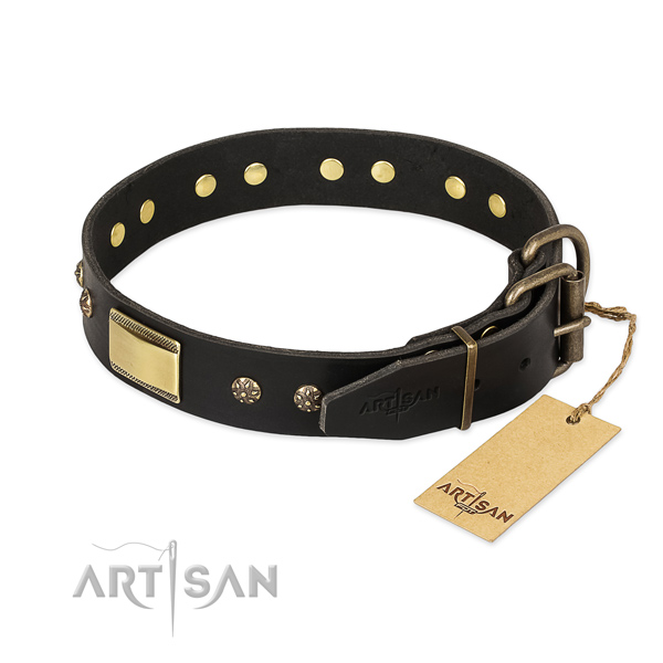 Natural leather dog collar with corrosion resistant D-ring and decorations