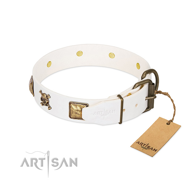 Top notch full grain natural leather dog collar with durable adornments