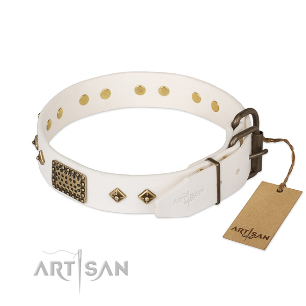 Genuine leather dog collar with strong D-ring and embellishments