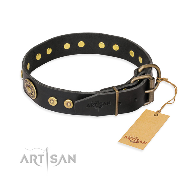Full grain natural leather dog collar made of top rate material with strong embellishments