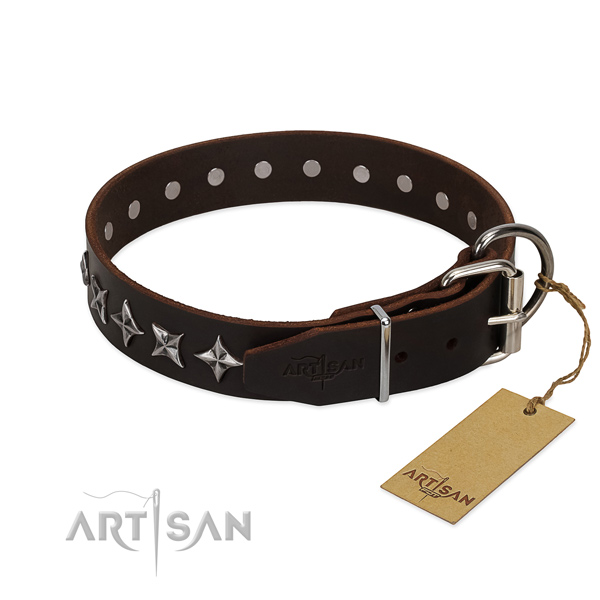 Handy use decorated dog collar of strong full grain natural leather