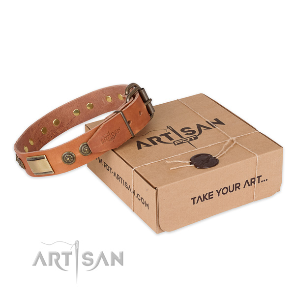 Corrosion resistant hardware on natural genuine leather dog collar for daily walking
