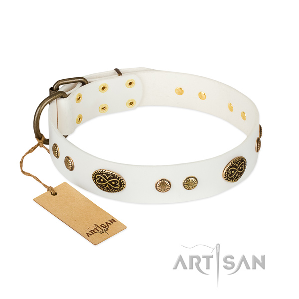 Rust-proof D-ring on full grain leather dog collar for your pet